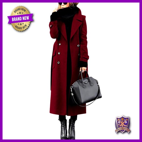 Wool Blend Pea Coat Double Breasted Notched Lapel Elegant Trench Coat